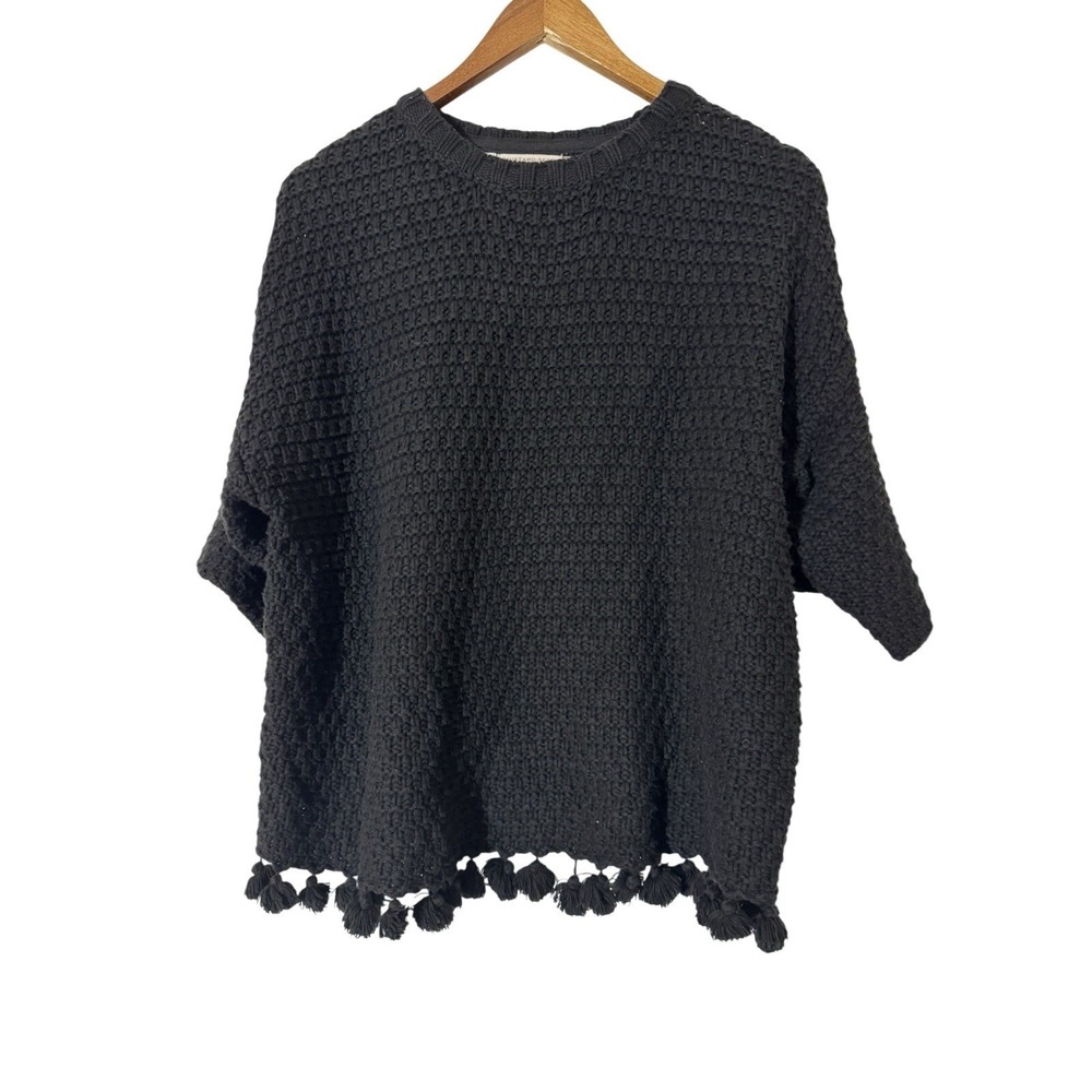 Mustard Seed oversized black Pom Pom Crocheted Sweater‎ S lagenlook open knit